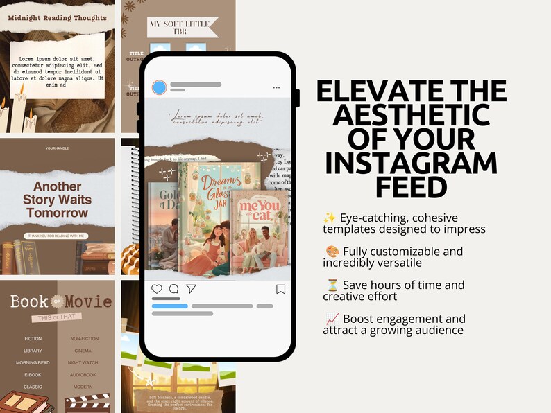 Cozy brown Instagram carousel templates created for Bookstagram and BookTok accounts. This editable Canva bundle showcases vintage books, warm reading corners, coffee-inspired elements, paper textures, and literary graphics. Use these templates to share reading updates, book reviews, comfort reads, favorite quotes, and reading reflections. A perfect content solution for book bloggers and reading-focused creators.