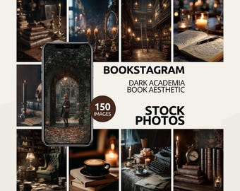 Puede incluir: Un collage de imágenes con temática de academia oscura. Las imágenes incluyen pilas de libros, velas encendidas, una máquina de escribir vintage y una persona en un arco. El texto de la imagen dice "BOOKSTAGRAM DARK ACADEMIA BOOK AESTHETIC STOCK PHOTOS 150 IMAGES."
