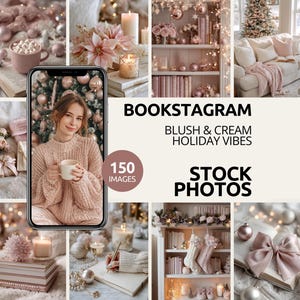 Blush Christmas Bookstagram Stock Photos | Soft Holiday Flatlays Cozy Reading Cocoa Scenes Feminine Seasonal Content for Authors & Creators
