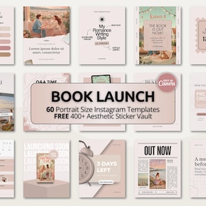 May include: A collection of Instagram templates for a book launch, featuring various designs with text and images. The templates are in a soft, neutral color palette, with text such as "Book Launch" and "Out Now".