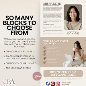 One-page Canva website template for virtual assistants – sleek, modern, and easy to personalize in a soft beige color palette.