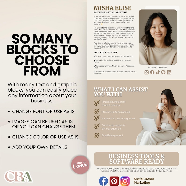 One-page Canva website template for virtual assistants – sleek, modern, and easy to personalize in a soft beige color palette.