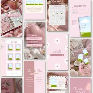 Pink aesthetic Bookstagram story template collection with layouts for TBR lists, book hauls, wishlist updates, and books added to cart. These Instagram story designs help readers showcase their reading journey while maintaining a cohesive visual brand. Perfect for romance readers, book influencers, cozy lifestyle creators, and literary content creators seeking stylish and editable Canva templates for daily posting.