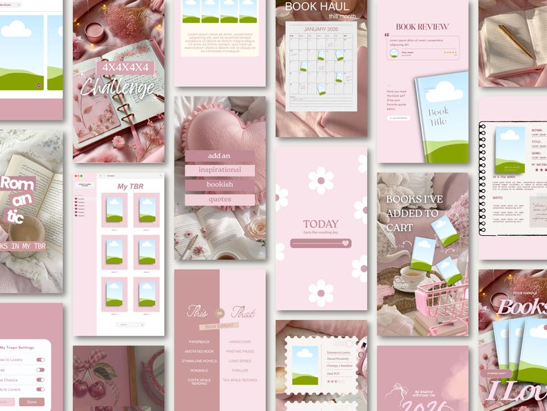 Pink aesthetic Bookstagram story template collection with layouts for TBR lists, book hauls, wishlist updates, and books added to cart. These Instagram story designs help readers showcase their reading journey while maintaining a cohesive visual brand. Perfect for romance readers, book influencers, cozy lifestyle creators, and literary content creators seeking stylish and editable Canva templates for daily posting.