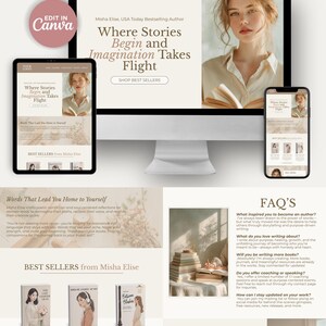 This Canva author website template offers a warm, editorial aesthetic with a neutral beige and cream color palette, elegant serif typography, and cozy lifestyle photography. The one-page, mobile-responsive layout includes a hero banner, best sellers showcase, meet-the-author bio, reader testimonials, and a newsletter signup section. An FAQ block and photo gallery help visitors get to know you and your books at a glance. No coding is required to publish the site from Canva.