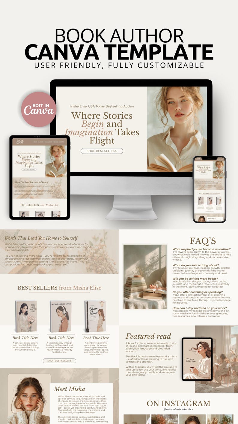 This Canva author website template offers a warm, editorial aesthetic with a neutral beige and cream color palette, elegant serif typography, and cozy lifestyle photography. The one-page, mobile-responsive layout includes a hero banner, best sellers showcase, meet-the-author bio, reader testimonials, and a newsletter signup section. An FAQ block and photo gallery help visitors get to know you and your books at a glance. No coding is required to publish the site from Canva.
