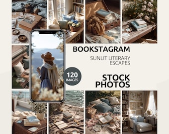 May include: A collage of images with a literary theme. The central image is a person in a hat holding a book. Other images include books, a suitcase, and a cozy reading nook. Text reads "BOOKSTAGRAM SUNLIT LITERARY ESCAPES STOCK PHOTOS 120 IMAGES."