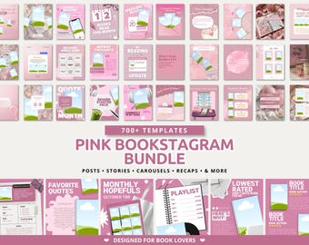 Pink Bookstagram Bundle Templates 700+ Canva Instagram Posts Stories Carousel Book Review TBRs Reading Recap Book Launch Author Content Kits