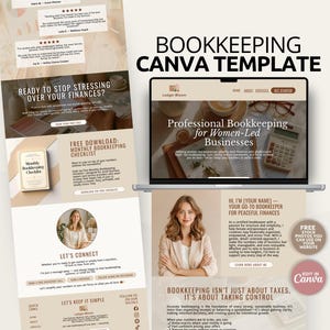 May include: A Canva template for bookkeeping, featuring a laptop displaying a website for women-led businesses. The image includes a checklist, a woman's portrait, and text that reads "Ready to stop stressing over your finances?"