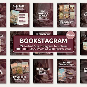Peut inclure: Un ensemble de 55 modèles Instagram au format portrait pour les passionnés de lecture, avec des arrière-plans sombres et esthétiques, des images de livres et des textes superposés comme BOOKSTAGRAM, Currently Reading et Top Romance Books.