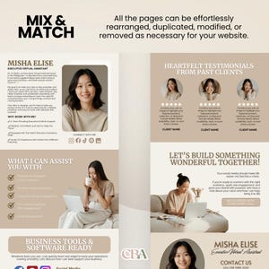 Fully editable Canva website design for service providers – neutral beige VA template perfect for showcasing packages and client testimonials.