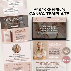 May include: A Canva template for bookkeeping, featuring a laptop displaying a website design with the text "Bookkeeping for Calm, Confident Business Owners." The image also includes a checklist and the text "Ready to stop stressing over your finances?"