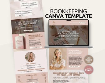 Plantilla de sitio web de contabilidad en Canva, sitio web de contabilidad, página de ventas de asistente virtual, plantilla de Canva para contable, sitio web de una página para hacer uno mismo.