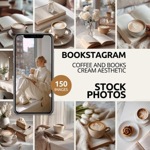 Puede incluir: Un collage de imágenes con café, libros y una estética crema. La imagen central muestra a una persona leyendo con una taza de café. También se ve el texto "BOOKSTAGRAM, COFFEE AND BOOKS, CREAM AESTHETIC, STOCK PHOTOS".