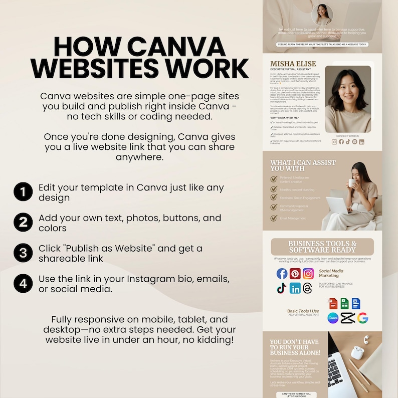 Beige virtual assistant Canva landing page template – simple, elegant, and perfect for building a polished online presence without coding.
