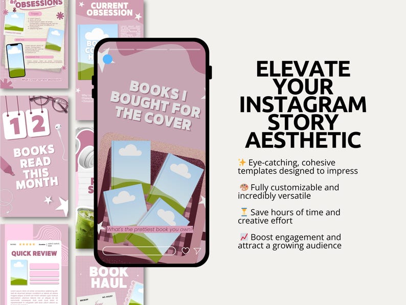 Bold pink bookish social media story kit with 60 fully editable Canva Instagram story templates for reading creators. Includes author introduction, book promotion, dear reader, and behind the book story templates. Designed with hot pink, bubblegum, and clean white tones for a trendy bold aesthetic. Great for indie authors, book bloggers, and Bookstagram influencers wanting viral story content daily.