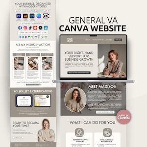 Può includere: Annuncio di servizi di assistente virtuale, con un laptop che mostra un sito web e un banner verticale. Il design include il testo "General VA Canva Website" e "Your Right-Hand Support for Business Growth". È visibile anche un pulsante circolare "Edit in Canva".