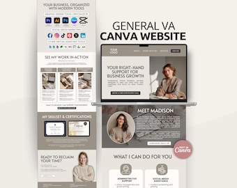 Plantilla editable para portafolio de asistente virtual en Canva / Enlace a biografía de freelancer, diseño de sitio web de marca personal, página de inicio moderna para asistente virtual.