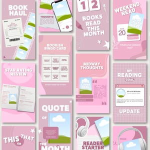 Trendy pink bookish Canva story templates featuring book reviews, reading moodboard, and reader starter pack slides. Designed for Bookstagram and BookTok creators who want scroll stopping aesthetic Instagram story content. Bold pink, blush, and white color palette creates a vibrant and cohesive story aesthetic. Fully editable and Instagram story ready at 1080x1920px for instant posting and audience engagement.