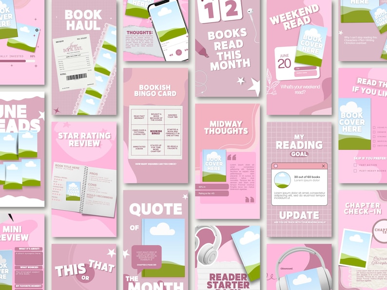Trendy pink bookish Canva story templates featuring book reviews, reading moodboard, and reader starter pack slides. Designed for Bookstagram and BookTok creators who want scroll stopping aesthetic Instagram story content. Bold pink, blush, and white color palette creates a vibrant and cohesive story aesthetic. Fully editable and Instagram story ready at 1080x1920px for instant posting and audience engagement.