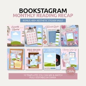 May include: A digital collection of eight Bookstagram monthly reading recap templates featuring pastel colors, photo frames, and text headers like Currently Reading, June Stats, Favorite Quote, Daily Update, Wishlist, and Reading Wrap Up, editable in Canva.