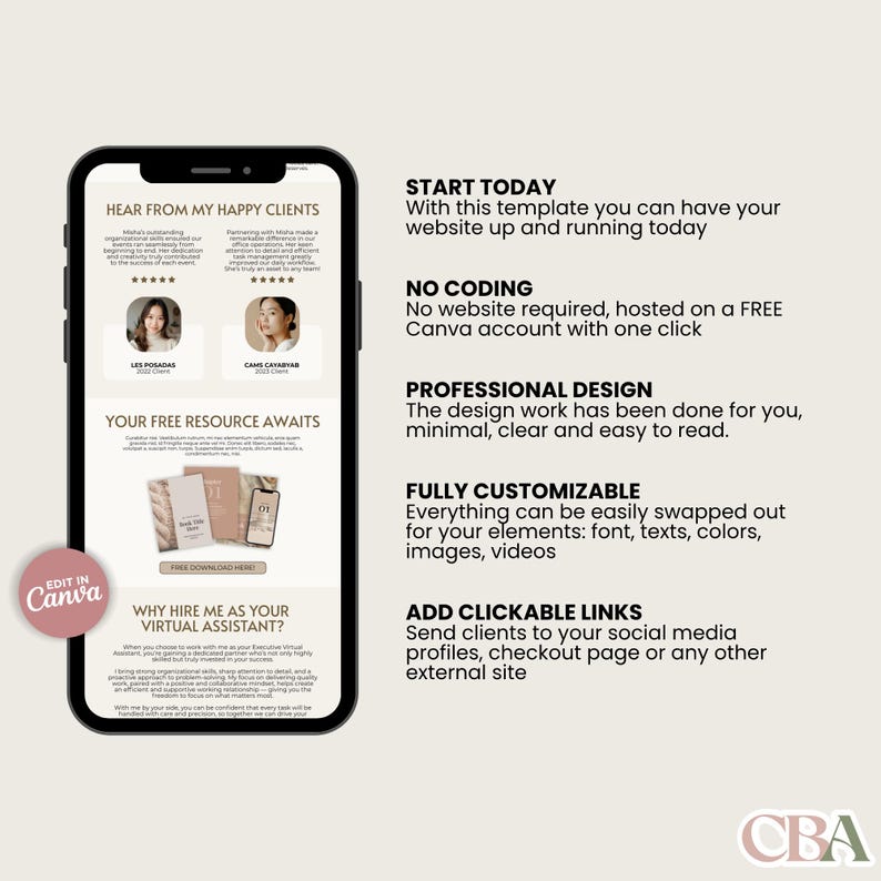 Editable virtual assistant website design in a cozy beige color palette, ideal for freelancers, service providers, and business owners.