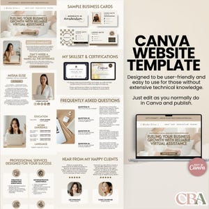 Freelancer and virtual assistant Canva template with easy drag-and-drop features and a soft, elegant beige theme for service-based businesses.