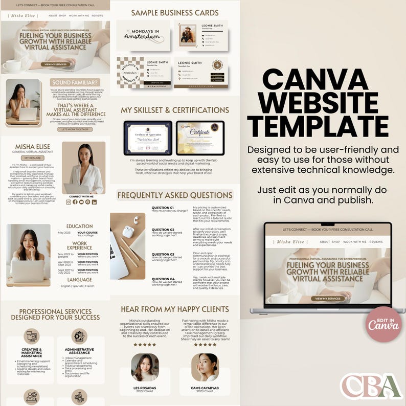 Freelancer and virtual assistant Canva template with easy drag-and-drop features and a soft, elegant beige theme for service-based businesses.