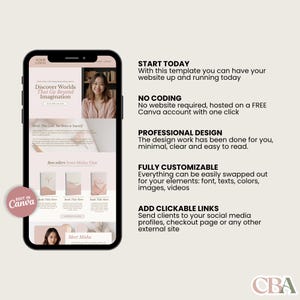 Feminine book launch website design for self-published authors, fully editable in Canva.