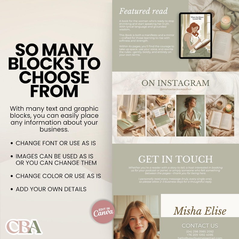 Customizable author site template created in Canva, featuring minimalist sage green design on desktop and mobile devices.