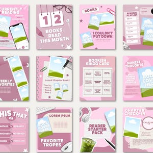 Bold pink Bookstagram carousel template pack for romance readers, book bloggers, and BookTok creators. Includes 60 trendy templates covering reviews, TBR lists, reading goals, recommendations, and monthly archives. Hot pink, soft blush, and clean white tones create a cohesive vibrant aesthetic feed. Fully editable in free Canva at 1080x1350px for instant scroll stopping bookish content creation.