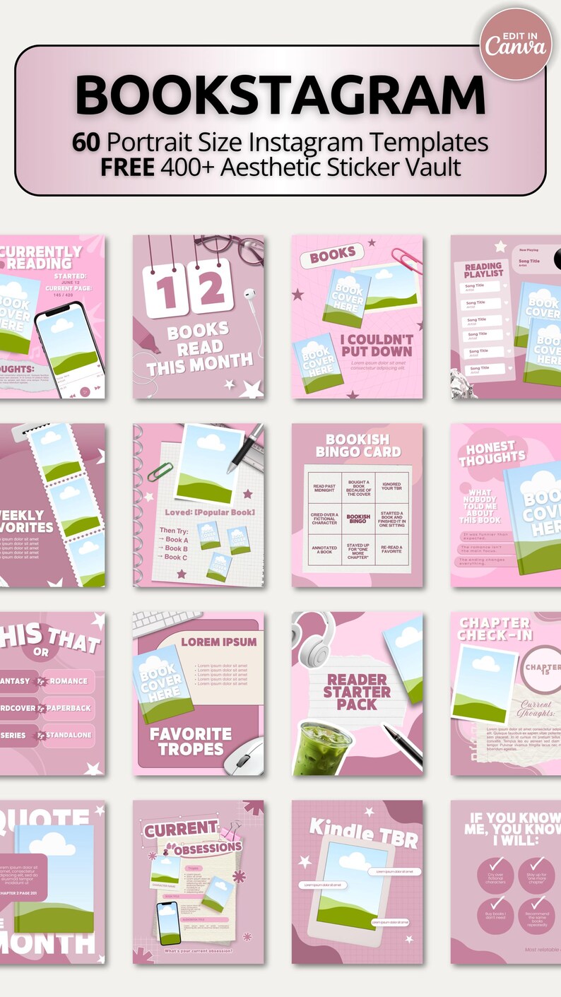 Bold pink Bookstagram carousel template pack for romance readers, book bloggers, and BookTok creators. Includes 60 trendy templates covering reviews, TBR lists, reading goals, recommendations, and monthly archives. Hot pink, soft blush, and clean white tones create a cohesive vibrant aesthetic feed. Fully editable in free Canva at 1080x1350px for instant scroll stopping bookish content creation.