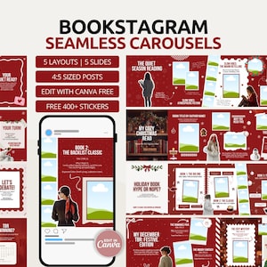 Op de afbeelding: Een rood en wit Bookstagram-sjabloon met meerdere dia's, met tekst als "Bookstagram Seamless Carousels", "5 Layouts" en "Edit with Canva Free". Het ontwerp bevat afbeeldingen, frames en de tekst "My Cozy Christmas Read".