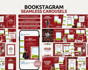 Christmas Bookstagram Seamless Carousel Template | Canva Bookish Instagram Post for Book Lovers