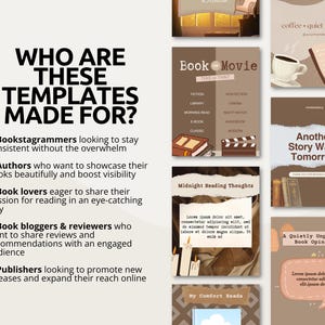 A collection of trendy bookish Canva templates for BookTok and Bookstagram creators who love cozy reading aesthetics. The designs feature antique library scenes, classic novels, typewriter graphics, paper notes, and warm neutral color palettes. Suitable for book reviews, reading recaps, TBR posts, discussion prompts, and literary lifestyle content. Designed to help create engaging and visually consistent posts.
