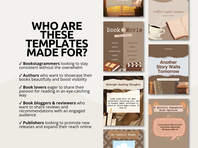 A collection of trendy bookish Canva templates for BookTok and Bookstagram creators who love cozy reading aesthetics. The designs feature antique library scenes, classic novels, typewriter graphics, paper notes, and warm neutral color palettes. Suitable for book reviews, reading recaps, TBR posts, discussion prompts, and literary lifestyle content. Designed to help create engaging and visually consistent posts.