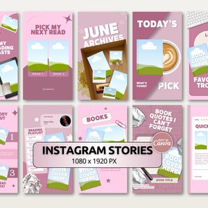 Bookstagram Instagram story Canva template pack in a trendy bold pink color palette for reading creators. Includes soft reader era, closing affirmations, reading slump check-in, and reader identity story templates. Editable in free Canva with beginner friendly drag and drop tools for easy customization. Perfect for BookTok creators and romance readers growing their engaged story audience online.