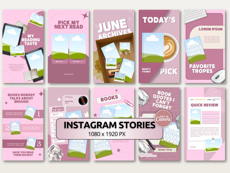 Bookstagram Instagram story Canva template pack in a trendy bold pink color palette for reading creators. Includes soft reader era, closing affirmations, reading slump check-in, and reader identity story templates. Editable in free Canva with beginner friendly drag and drop tools for easy customization. Perfect for BookTok creators and romance readers growing their engaged story audience online.