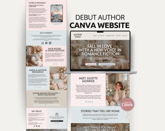 Author Website Canva Template Debut Book Launch One Page Writer Portfolio Branding Kit Editable Romance Novel Author Bio Landing Page Design