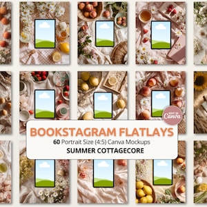 May include: A collection of 12 mockups featuring tablets with a sky and grass background, arranged with summer cottagecore themes. The scenes include peaches, flowers, lemons, and other decorative elements. Text on the image reads "BOOKSTAGRAM FLATLAYS".
