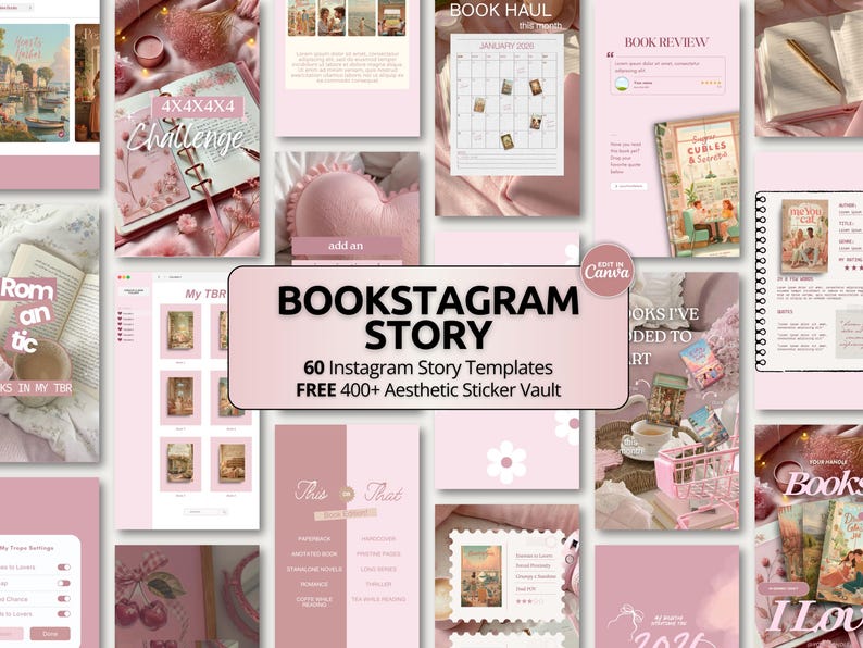 Soft pink Bookstagram Story Canva template bundle featuring cozy reading aesthetics, blush pink backgrounds, feminine layouts, and editable Instagram story designs for book lovers. This collection includes story templates for book reviews, reading updates, TBR lists, monthly recaps, and reader engagement prompts. Designed for Bookstagram creators, BookTok influencers, authors, and book bloggers who want a cohesive and professional social media presence.