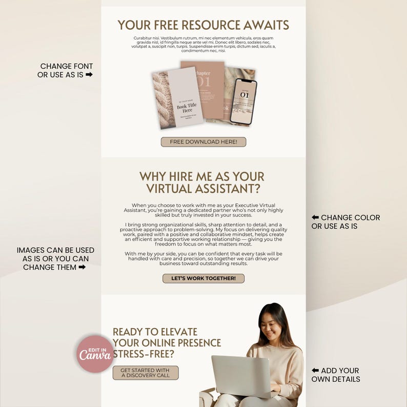 One-page Canva website template in beige for creating a polished virtual assistant portfolio or personal brand landing page.