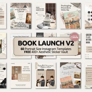 Puede incluir: Una colección de 60 plantillas de Instagram en formato vertical para lanzamientos de libros, con varios diseños que incluyen ilustraciones de libros, personajes y espacios para texto. El gráfico central muestra el texto BOOK LAUNCH V2 y 60 Portrait Size Instagram Templates FREE 400+ Aesthetic Sticker Vault.