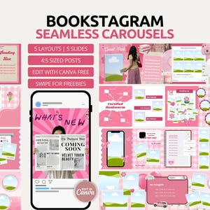 Può includere: Modelli di carosello Bookstagram rosa senza soluzione di continuità con 5 layout e 5 diapositive. Il design include un mockup di smartphone, una cabina telefonica rosa e il testo che recita "What's New" e "Coming Soon". Modifica con Canva gratis.