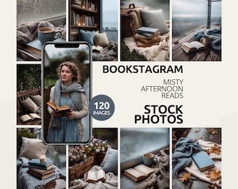 May include: A collage of images with a cozy, autumnal theme. The images include books, coffee cups, blankets, and a woman holding a book. Text on the image reads "Bookstagram, Misty Afternoon Reads, Stock Photos" and "120 Images".