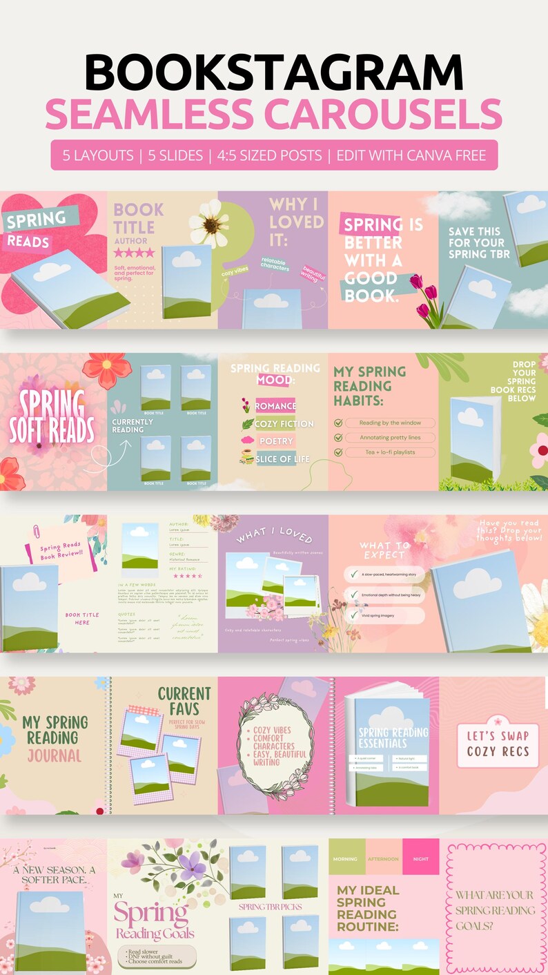 Spring Bookstagram Seamless Instagram Carousel Template | Bookish Canva ...