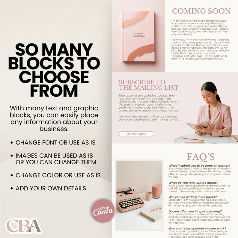 Modern author website template with blush aesthetic, ideal for writer portfolios.