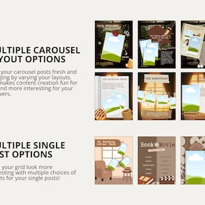 Aesthetic bookish Canva templates featuring cozy brown color palettes, old library interiors, classic literature vibes, and reading lifestyle content. Includes carousel slides for favorite books, book opinions, reading habits, book recommendations, and reader engagement posts. The warm neutral tones and vintage details create a professional and inviting social media presence for readers, authors, and book content creators.