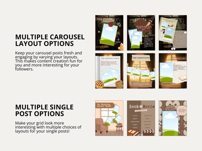 Aesthetic bookish Canva templates featuring cozy brown color palettes, old library interiors, classic literature vibes, and reading lifestyle content. Includes carousel slides for favorite books, book opinions, reading habits, book recommendations, and reader engagement posts. The warm neutral tones and vintage details create a professional and inviting social media presence for readers, authors, and book content creators.
