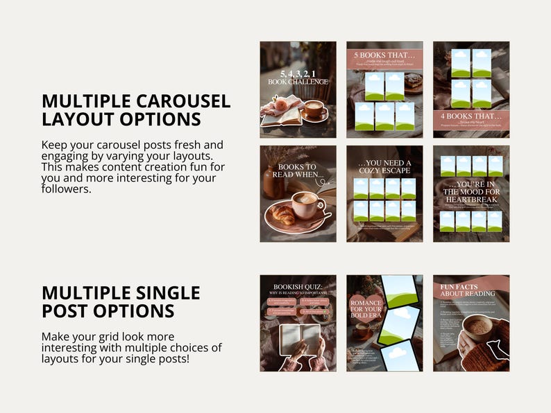 Book review Canva templates in muted terracotta for authors, bloggers, and social media creators. Includes layouts for five-star reads, series reviews, and top monthly books.